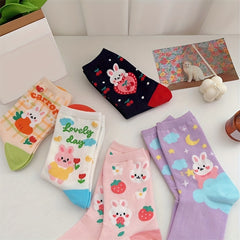 5 Pairs Cartoon Bunny Print Socks Cute & Comfy Women's Mid Tube Stockings