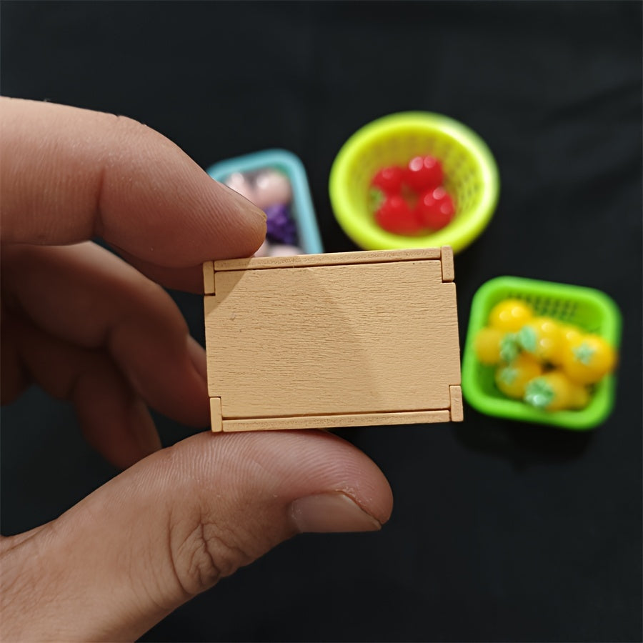 4pcs Mini Wooden Fruit Frame & Cloth Storage Basket Dollhouse Accessories