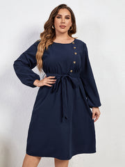 Women's Plus Size Button Decor Lantern Sleeve Round Neck Dress