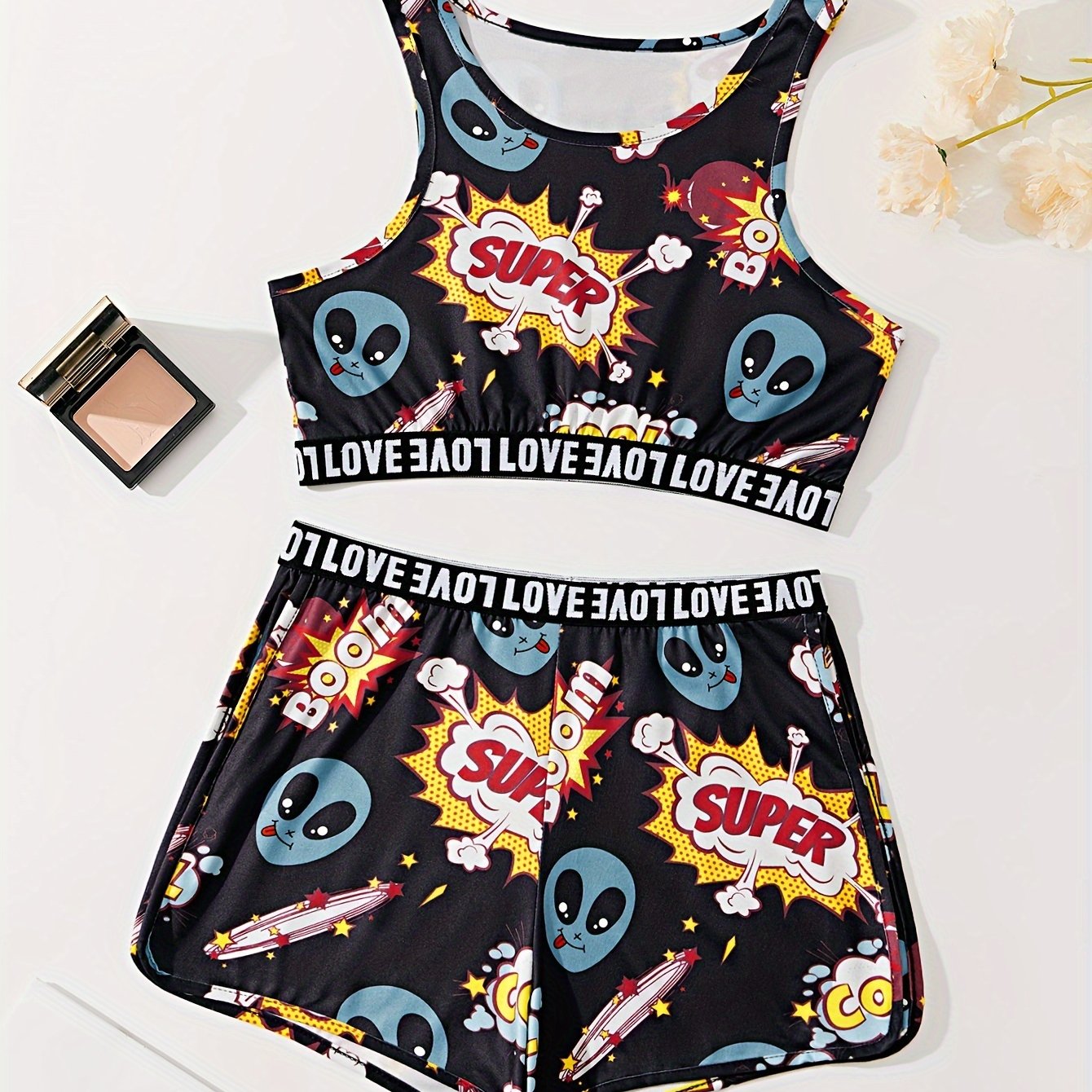Letter Print Pajama Set Tank Top & Shorts