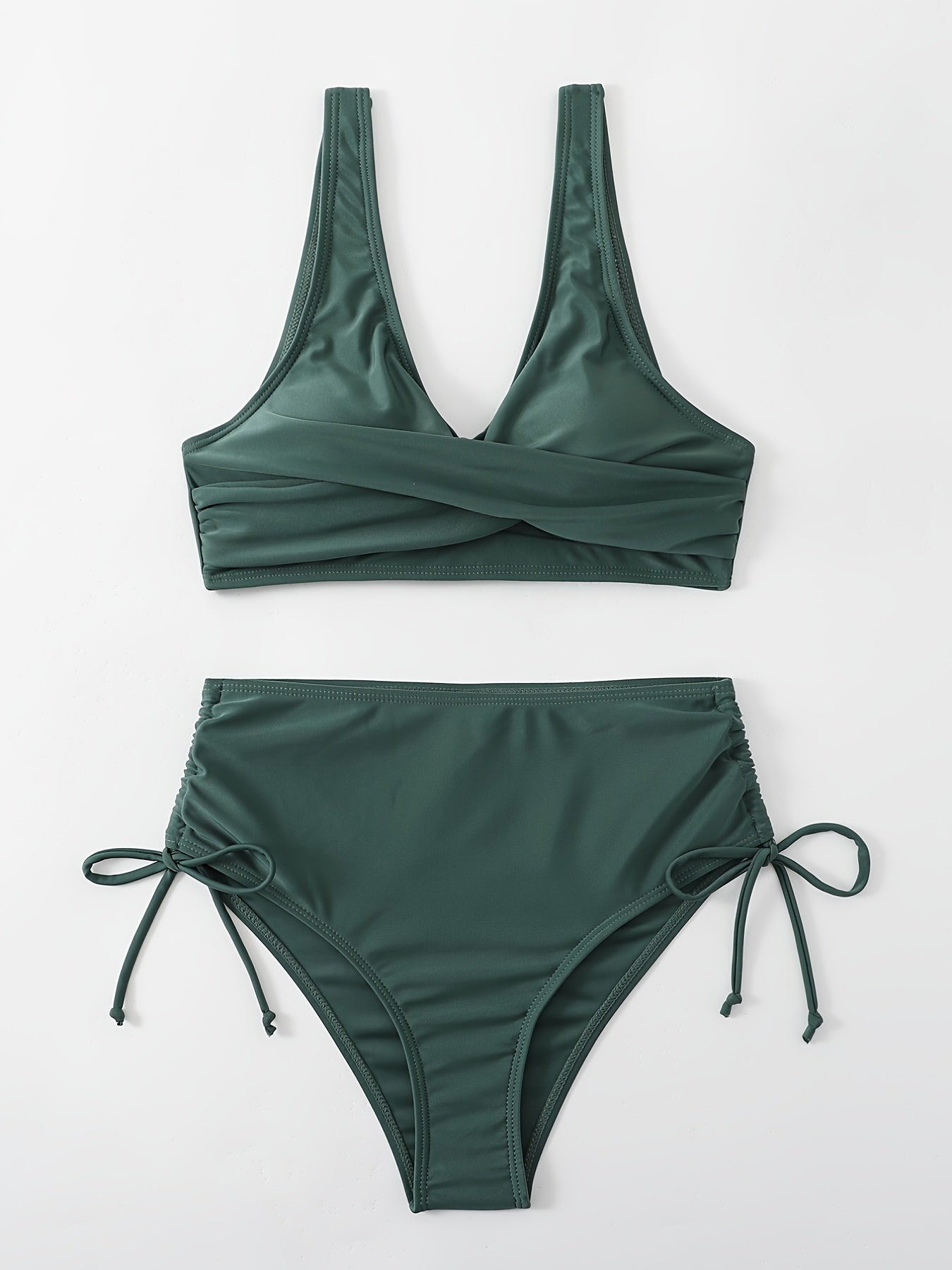 Layered V Neck Bikini Set High Waist Solid Two Piece Swimsuit