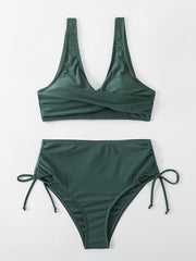 Layered V Neck Bikini Set High Waist Solid Two Piece Swimsuit