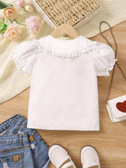 Girls Embroidered Collar Button Down Short Sleeve Shirt