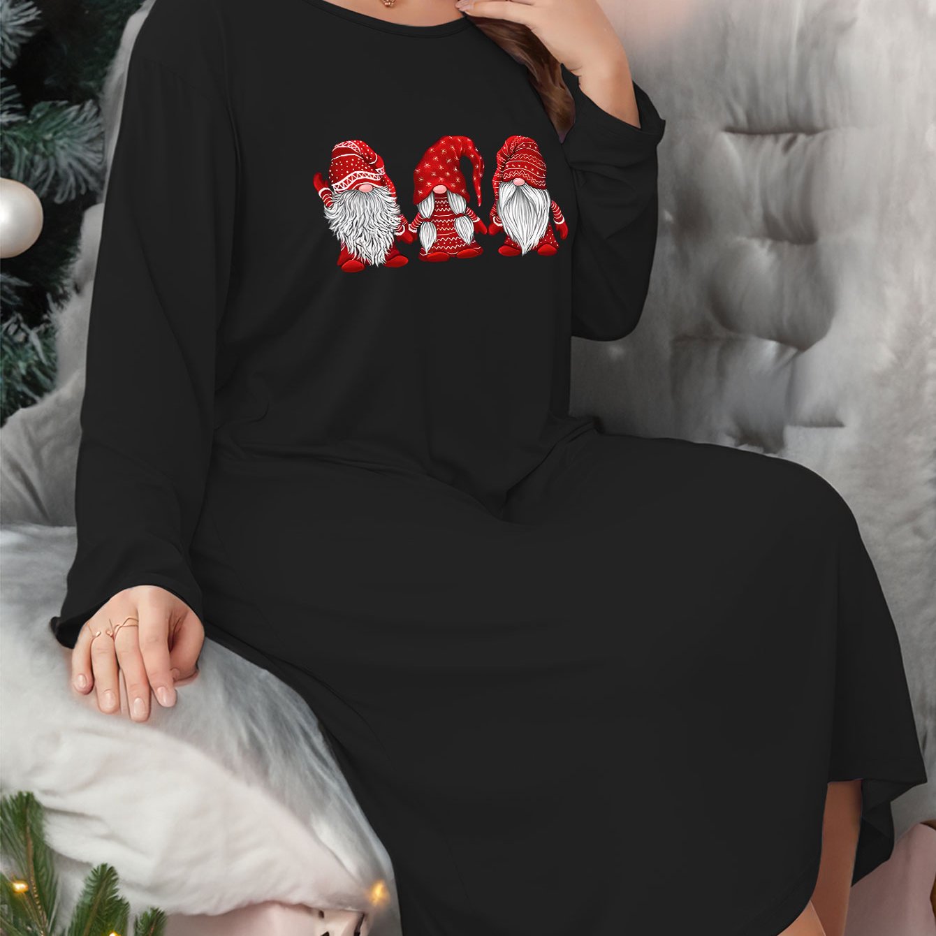 Christmas Lounge Dress - Women's Dwarf Print Long Sleeve Tee Sleep Dre