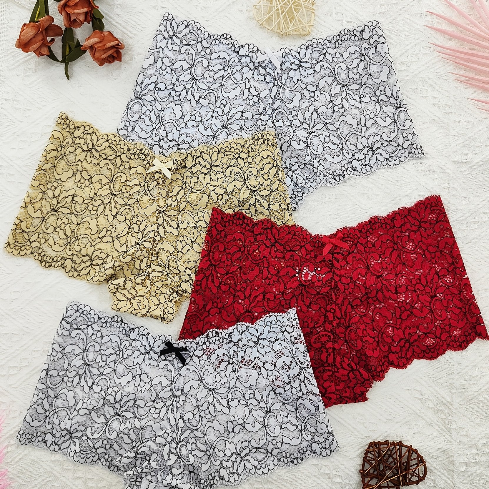 4 Pcs Lace Boyshort Panties Scalloped Trim Bow Tie Women's Lingerie