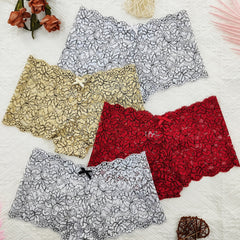 4 Pcs Lace Boyshort Panties Scalloped Trim Bow Tie Women's Lingerie