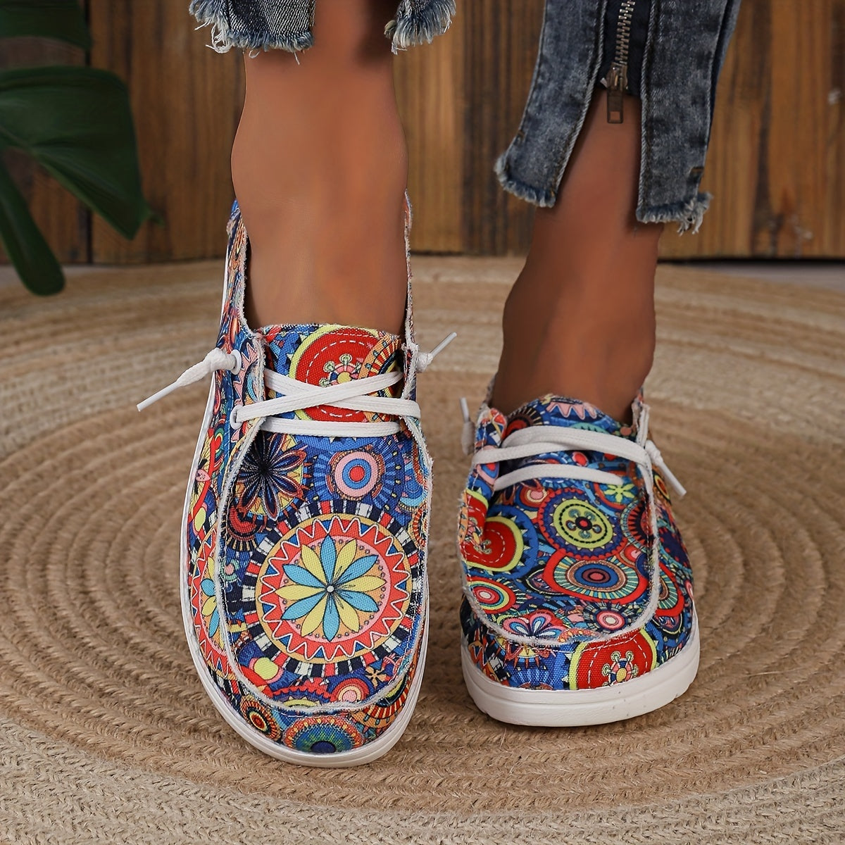 Floral Print Canvas Slip On Sneakers Low Top Casual Flat Shoes