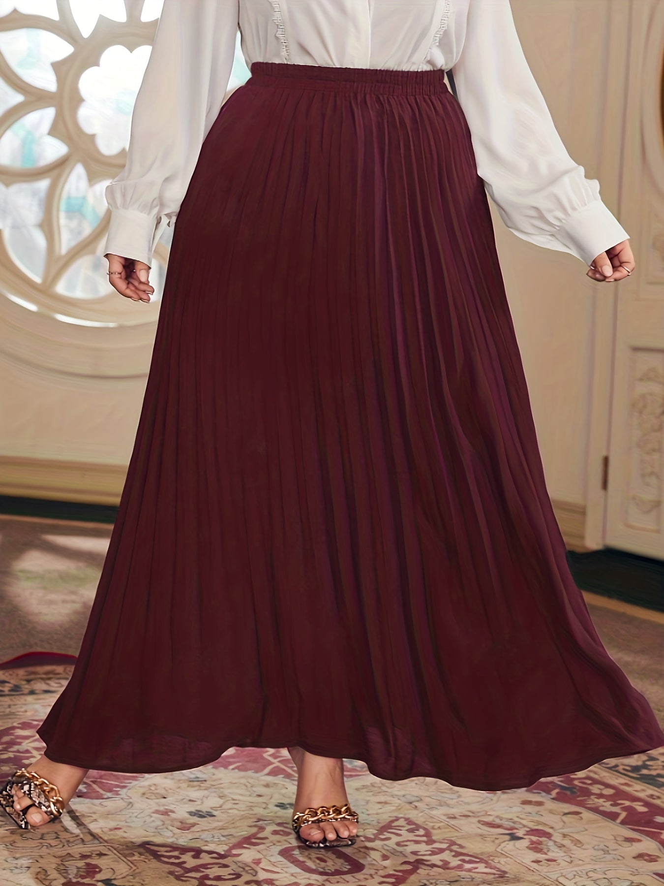 Solid Elastic High Rise Pleated Maxi Skirt Plus Size