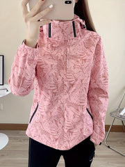 Leaf Print Outdoor Jacket With Removable Hood Women's Windproof