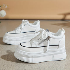 Women's Side Zipper Sneakers Lace Up Low Thick Sole Flat Shoes
