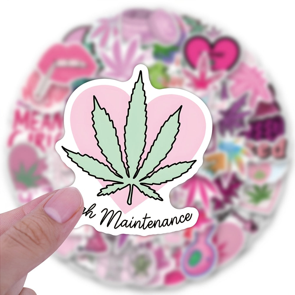 60pcs Pink Leaf & Cannabis Vinyl Stickers for Laptops Water Bottles Cars