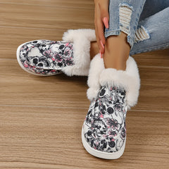 Skull Print Plush Lined Snow Boots High Top Warm Loafers