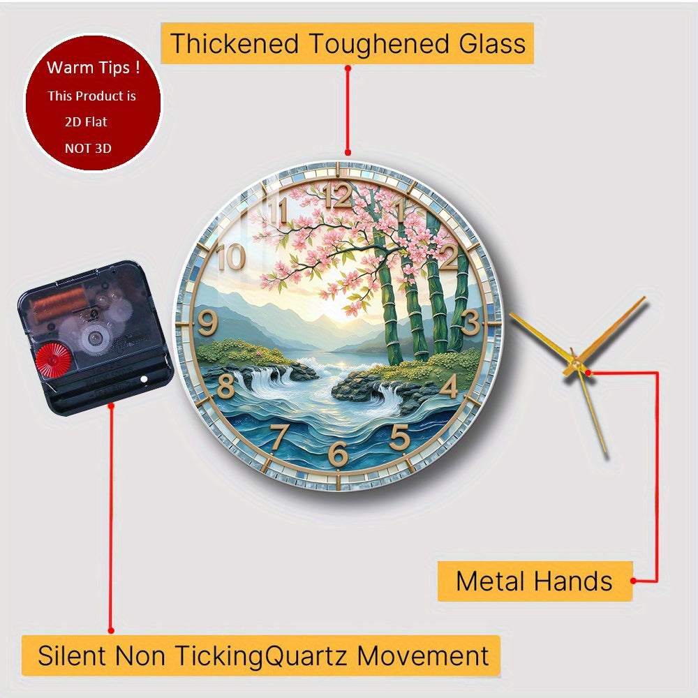 Japanese Landscape Wall Clock Cherry Blossoms Bamboo Mountain Stream