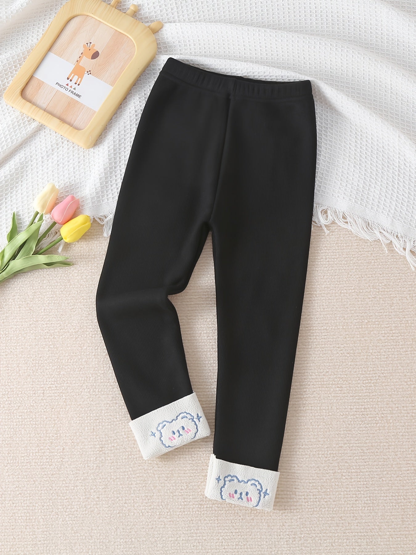 Girls Bear Embroidery Thermal Fleece Leggings for Autumn/Winter