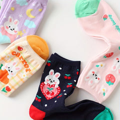 5 Pairs Cartoon Bunny Print Socks Cute & Comfy Women's Mid Tube Stockings