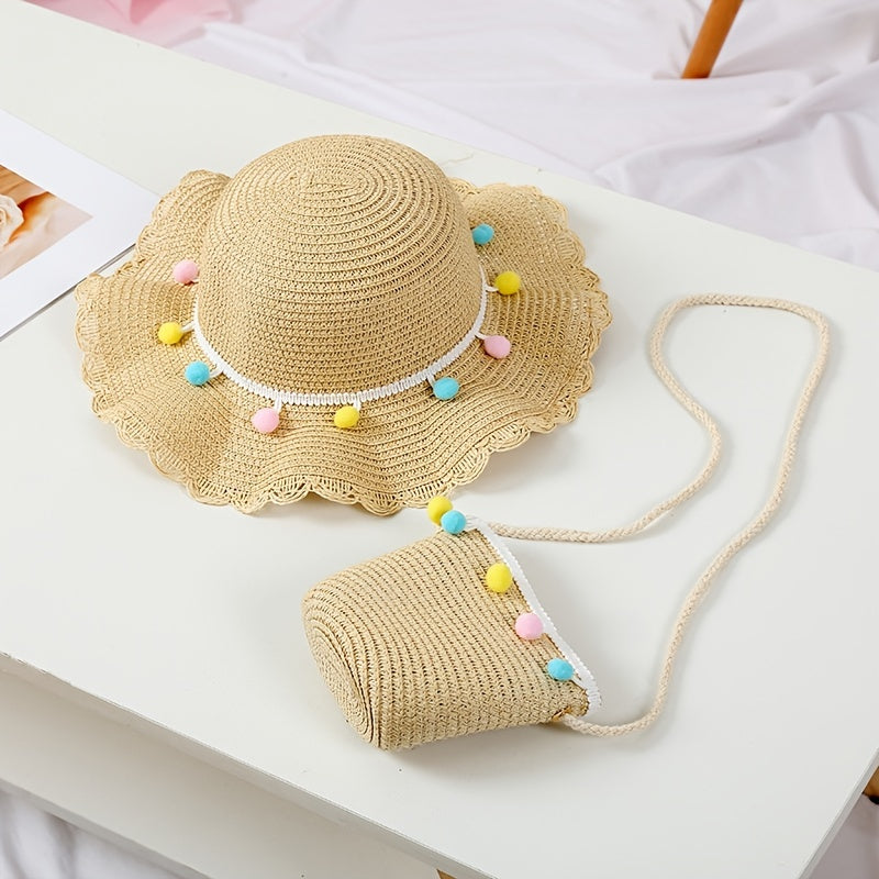 Girls Colorful Pompom Ball Straw Hat Wide Brim Sun Hat Beach Cap
