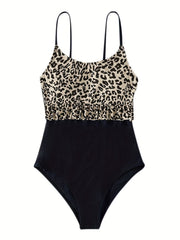 Leopard Print Ruffle Scoop Neck One Piece Swimsuit Women's Swimwear