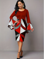 Colorblock Argyle & Stripe Print Bell Sleeve Bodycon Midi Dress