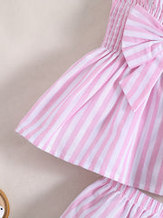 2pcs Baby Girls Bowknot Striped Cami Tops & Shorts Set