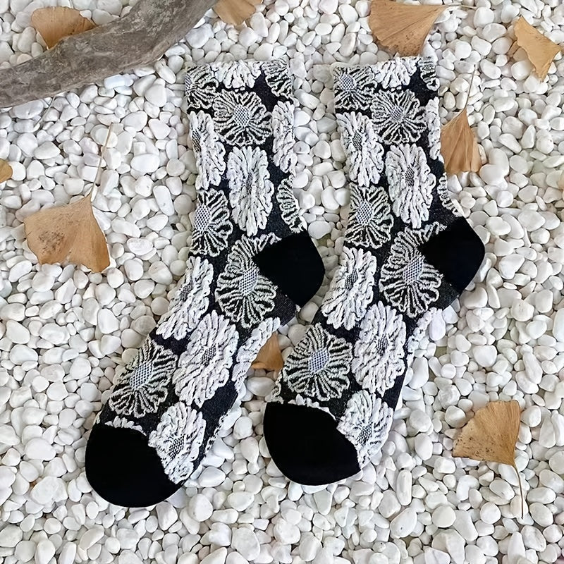Paris Floral Embroidery Socks Retro Style Mid Tube Women's Stockings
