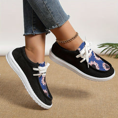 Print Round Toe Flat Lace Up Canvas Shoes