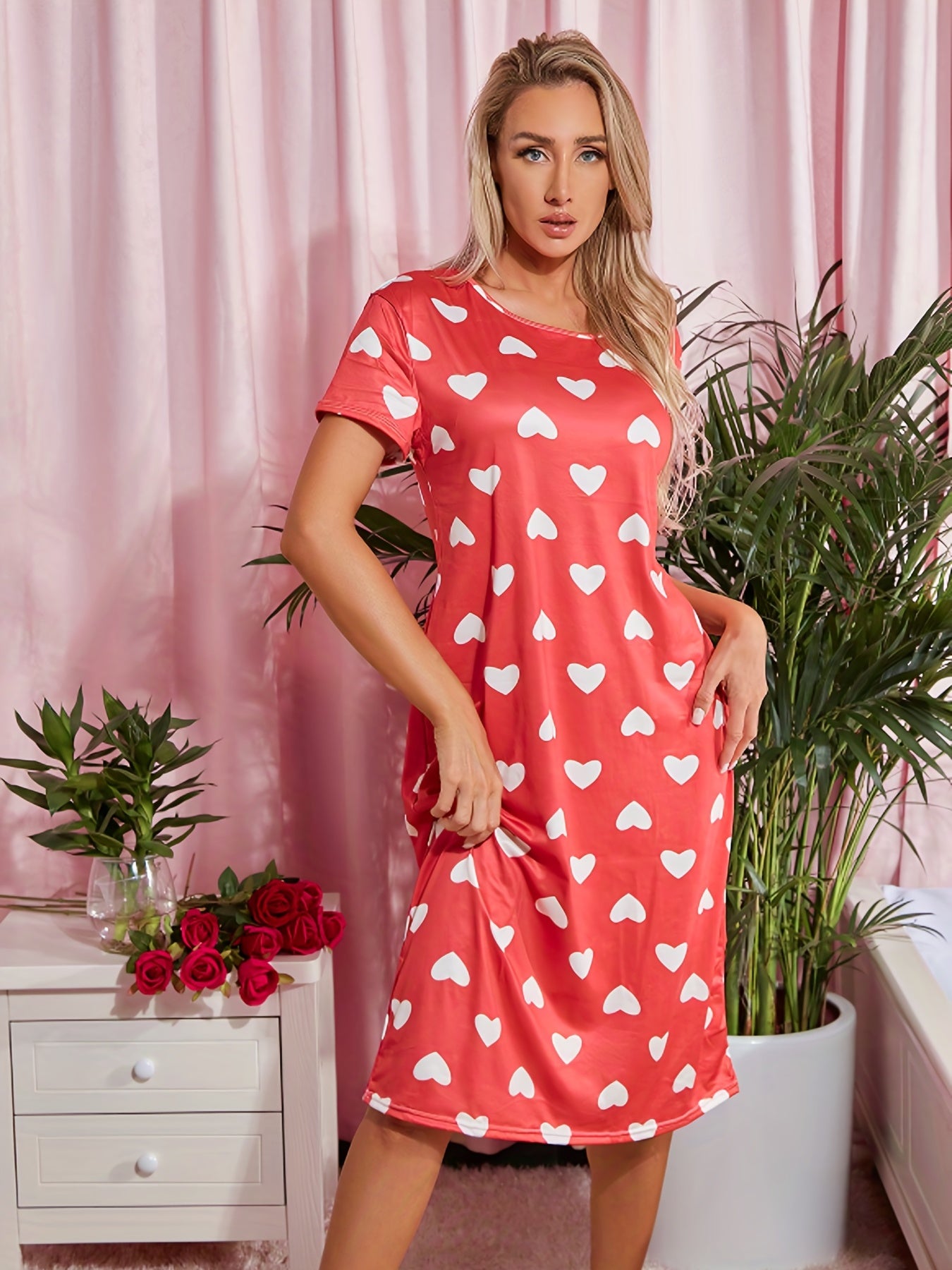 Love Print NightDress Short Sleeve Pajama Dress Women's Sleepwear