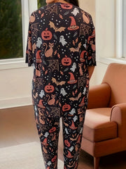 Halloween Loungewear Ghost & Pumpkin Print Tee & Pants Pajama Set