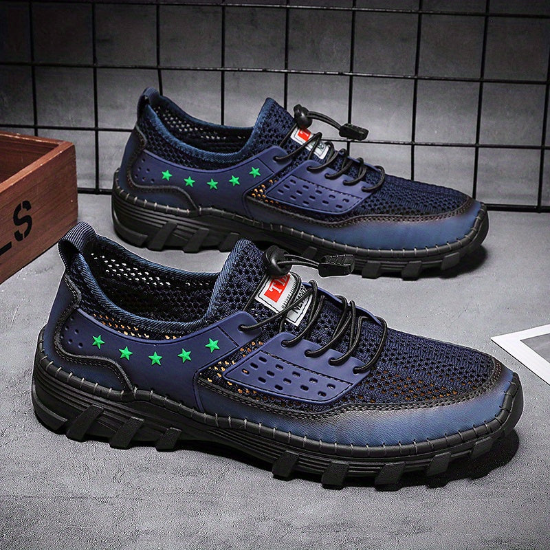 Men's Breathable Stars Print No Tie Mesh Sneakers With Adjustable Draw String