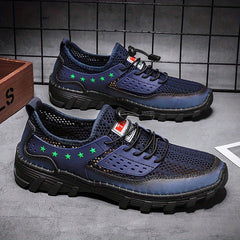 Men's Breathable Stars Print No Tie Mesh Sneakers With Adjustable Draw String