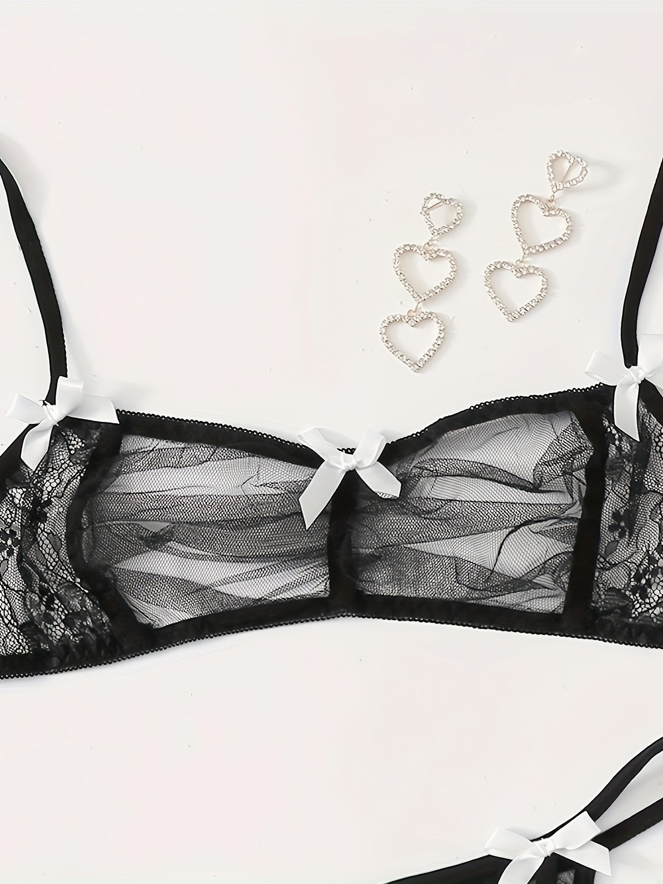 Sultry Lace Mesh Lingerie Set Sheer Unlined Bra & Bow Tie Panties