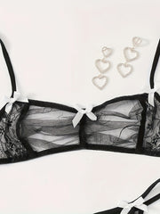 Sultry Lace Mesh Lingerie Set Sheer Unlined Bra & Bow Tie Panties