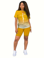 Faith Print Ombre Two-piece Set Short Sleeve Tops & Shorts