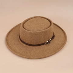 Buckle Flat Top Hat Wide Brim Sunshade Woolen Jazz Hat