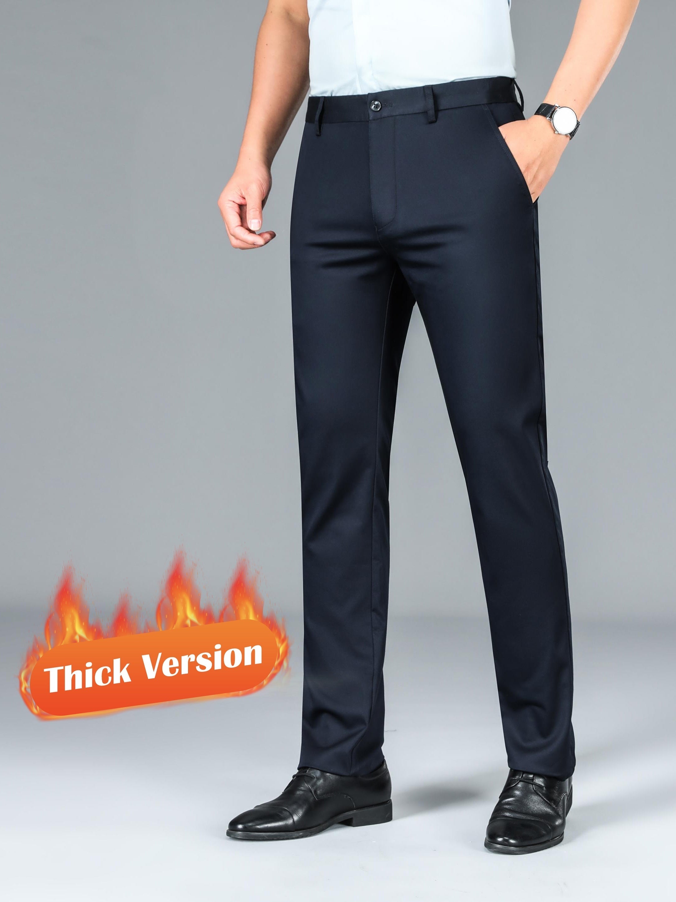 Men's Warm Thick Dress Pants - Solid Color Stretch Formal Business Pants