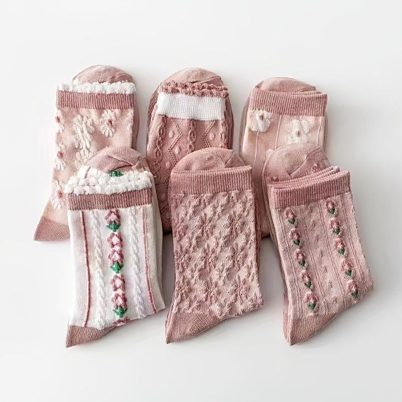 6 Pairs Sweet & Pink Serie Socks - Cozy Flower Geometric 3D Textured Stockings