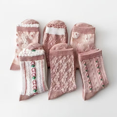 6 Pairs Sweet & Pink Serie Socks - Cozy Flower Geometric 3D Textured Stockings