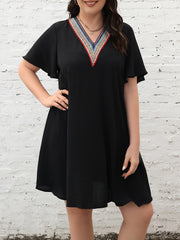 Boho Dress Women's Colorblock Lace V Neck Short Sleeve Dress