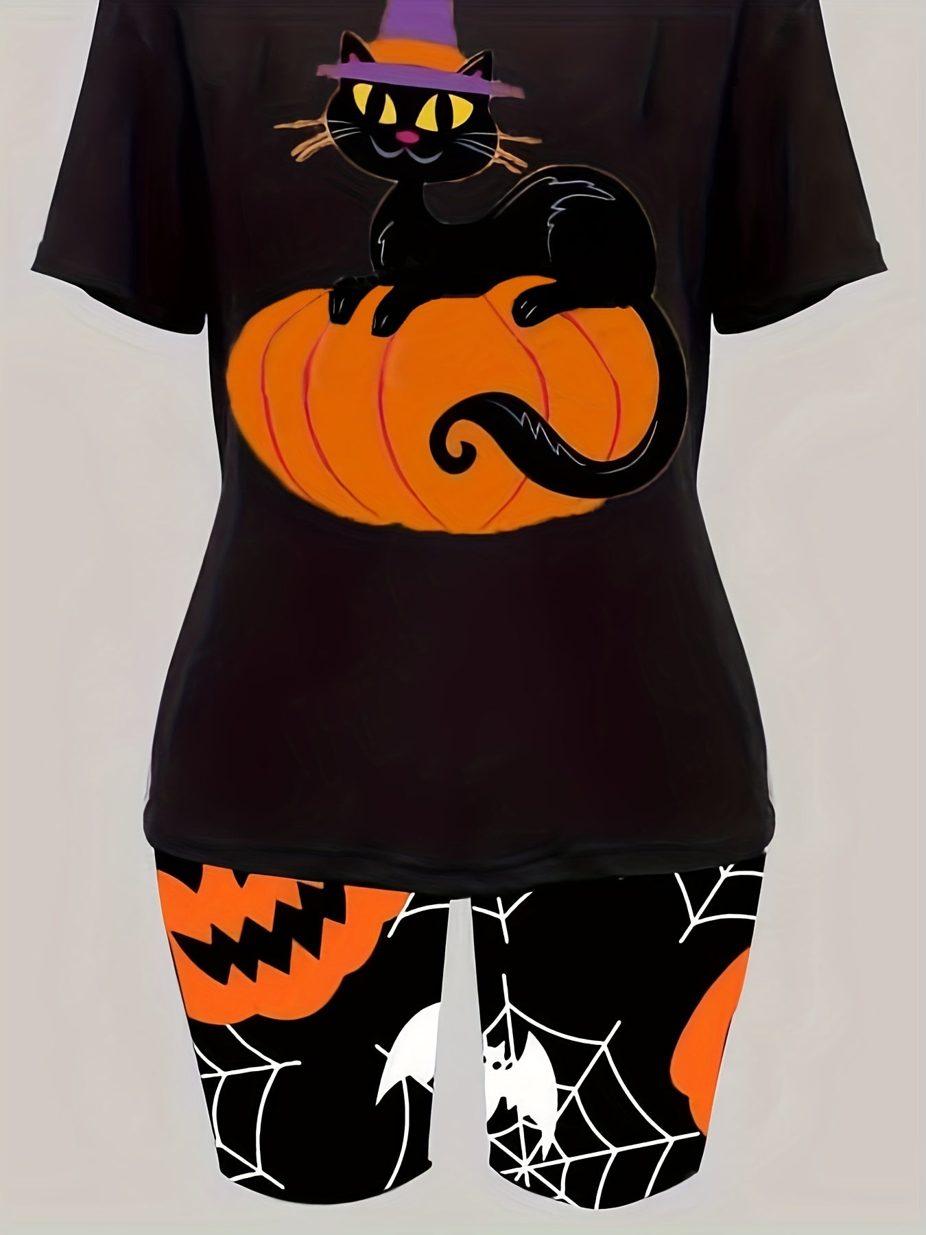Halloween Cat & Pumpkin Print Tee & Shorts Set