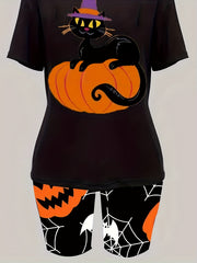 Halloween Cat & Pumpkin Print Tee & Shorts Set