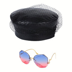 2pcs Beret Sunglasses Set PU Leather Beret UV Protection Sunglasses