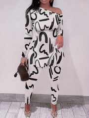 Abstract Print Two Piece Set Slanted Shoulder Split Tops & Slim Pants