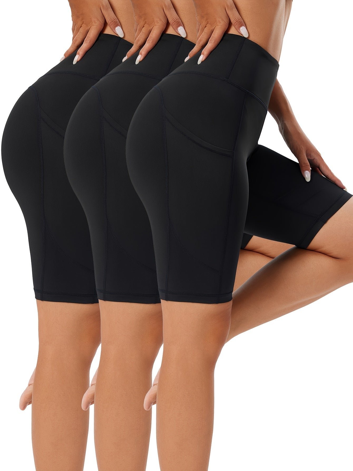 3Pcs Solid Sports Shorts High Waist Tummy Control Slim Fit With Pocket