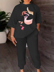 Abstract Face Print Two Piece Set with Solid Pants