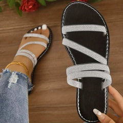Dark Brown Braid Slides Open Toe Faux Leather Beach Flat Slides