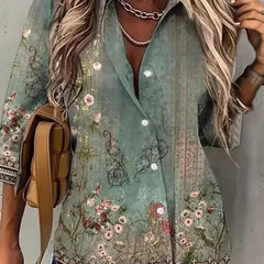 Floral Border Print Long Sleeve Lapel Collar Button Up Blouse