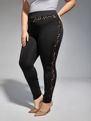 Casual Leggings Solid Lace Panel High Stretch Leggings