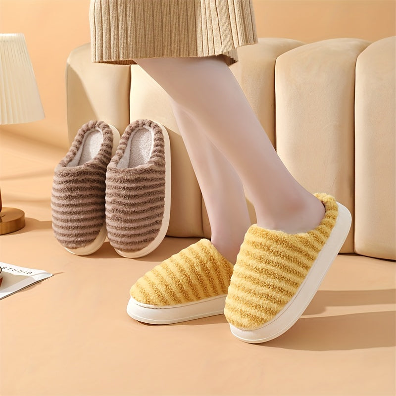 Women's Stripe Pattern Fuzzy Slippers Plush Lined Indoor Shoes