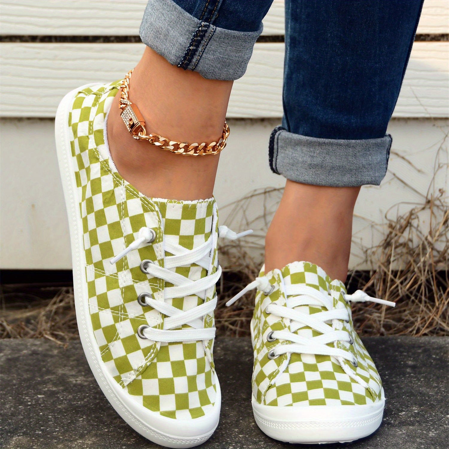 Green Checkerboard Walking Shoes Lace Up Casual Flat Sneakers