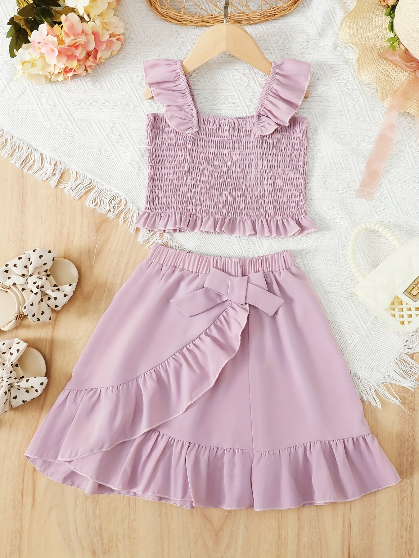 Girls' 2 Piece Outfit Shirred Crop Top & Frilled Mini Skirt Set