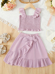 Girls' 2 Piece Outfit Shirred Crop Top & Frilled Mini Skirt Set